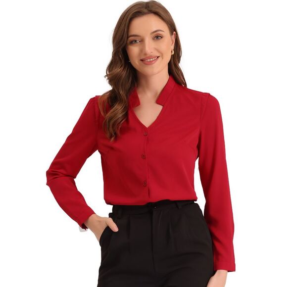 Blouse Button Up Long Sleeve V Neck Chiffon Shirt Red - Picture 1 of 4